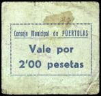 Puértolas (Huesca). Consejo Municipal. 2 pesetas. (KG. 619) (RGH. 4393 sin imagen). Cartón. Manchas. Rarísimo. BC+.