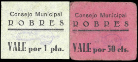 Robres (Huesca). Consejo Municipal. 50 céntimos y 1 peseta. (KG. 645) (RGH. 4535 y 4536). 2 cartones. Raros. MBC-/MBC+.