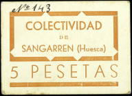 Sangarren (Huesca). Colectividad. 5 pesetas. (KG. falta) (RGH. 4713 sin imagen). Cartón nº 143. Muy raro y más así. EBC.