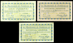 Santalecina (Huesca). Ayuntamiento. 25, 50 céntimos y 1 peseta. (KG. 686) (RGH. 4750, 4751 y 4752, error en imagen). 3 billetes, todos los de la local...