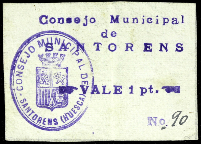 Santorens (Huesca). Consejo Municipal. 1 peseta. (T. 350) (KG. A689 falta valor)...