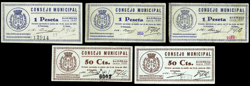 Sariñena (Huesca). Consejo Municipal. 50 céntimos (dos) y 1 peseta (tres). (KG. ...