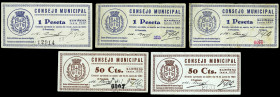 Sariñena (Huesca). Consejo Municipal. 50 céntimos (dos) y 1 peseta (tres). (KG. 690) (RGH. 4785, 4786 y 4786a). 5 billetes, 2 series completas. Todos ...