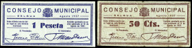 Selgua (Huesca). Consejo Municipal. 50 céntimos y 1 peseta. (KG. 696) (RGH. 4808 y 4809). 2 billetes. Escasos. BC/MBC-.