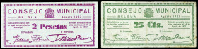Selgua (Huesca). Consejo Municipal. 25 céntimos y 2 pesetas. (KG. 696) (RGH. 4807 y 4810). 2 billetes. Escasos. BC+/EBC.