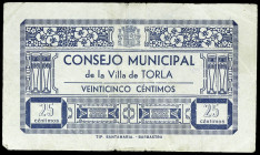 Torla (Huesca). Consejo Municipal. 25 céntimos. (KG. 731) (RGH. 5046). Raro. BC+.