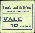 Torrente de Cinca (Huesca). Consejo Local de Defensa. C.N.T. 10 céntimos. (T. 385) (KG. 751) (RGH. 5109). Cartón. Muy raro. MBC-.