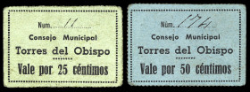 Torres del Obispo (Huesca). Consejo Municipal. 25 y 50 céntimos. (T. 387 y 388) (KG. A744) (RGH. 5135 y 5136). 2 cartones, el de 25 céntimos nº 11 y e...