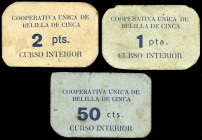Velilla de Cinca (Huesca). Cooperativa Única. 50 céntimos, 1 y 2 pesetas. (T. 415, mismo ejemplar, 416 y 417a) (KG. 139) (RGH. 5440, 5441, ambas sin i...