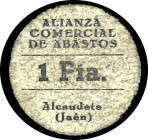 Alcaudete (Jaén). Alianza Comercial de Abastos. 1 peseta. (KG. 49a) (RGH. 315). Cartón redondo. Raro. BC+.