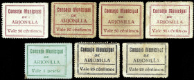 Arjonilla (Jaén). Consejo Municipal. 25 (dos), 50 céntimos (cuatro) y 1 peseta. (KG. 109) (RGH. 779 a 781). 7 cartones, todos los de la localidad con ...