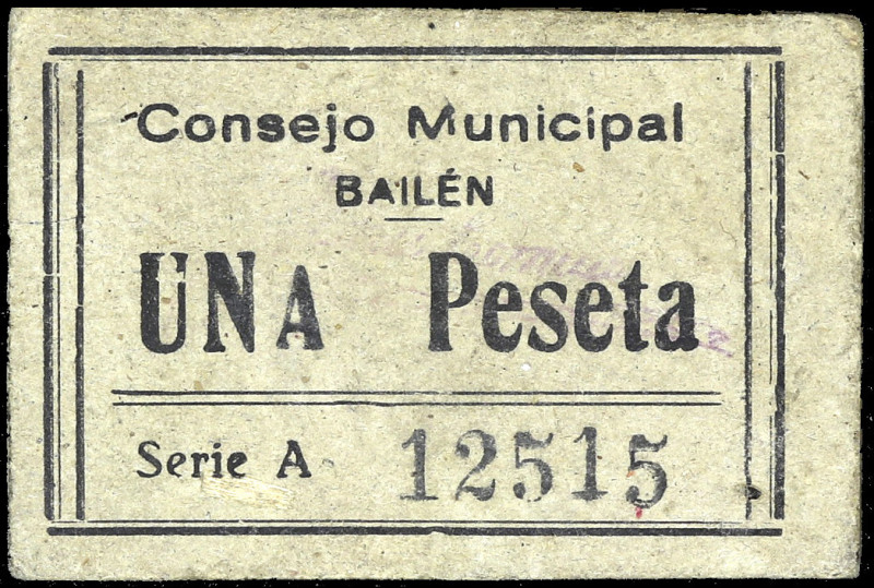 Bailén (Jaén). Consejo Municipal. 1 peseta. (KG. 121) (RGH. 851). Cartón. Raro. ...