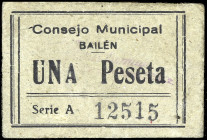 Bailén (Jaén). Consejo Municipal. 1 peseta. (KG. 121) (RGH. 851). Cartón. Raro. MBC.