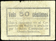 Bailén (Jaén). Junta Comercial de Abastecimientos. 50 céntimos. (KG. 121a) (RGH. 852 sin imagen ni precio). Muy raro. BC+.