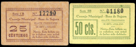 Beas de Segura (Jaén). Consejo Municipal. 25 y 50 céntimos. (KG. 133) (RGH. 914 y 915 var). 2 cartones, el de 50 céntimos con tampón azul en reverso. ...