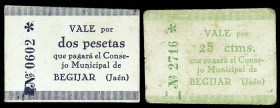Begíjar (Jaén). Consejo Municipal. 25 céntimos y 2 pesetas. (KG. falta) (RGH. 942 y falta). 2 cartones. Rarísimos. MBC+/EBC.