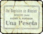 Benatae (Jaén). Comisión de Abastos. 1 peseta. (KG. A150) (RGH. 1019 sin imagen ni precio). Cartó nº 171. Rarísimo. BC-.