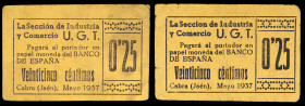 Cabra de Santo Cristo (Jaén). Sección de Industria y Comercio U.G.T. 25 céntimos (dos). (KG. 203) (RGH. 1372 y 1372 var). 2 cartones distintos. Muy ra...
