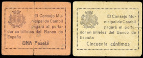 Cambil (Jaén). Consejo Municipal. 50 céntimos y 1 peseta. (KG. 216 y falta) (RGH. 1445 sin imagen y 1446). 2 cartones. Muy raros. BC/BC+.