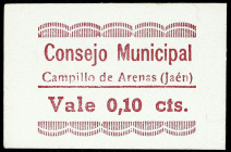 Campillo de Arenas (Jaén). Consejo Municipal. 10 céntimos. (KG. 222) (RGH. 1474). Cartón. Muy raro y más así. EBC+.