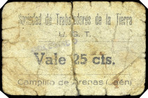 Campillo de Arenas (Jaén). Sociedad de Trabajadores de la Tierra U.G.T. 25 céntimos. (KG. 222a) (RGH. 1480). Cartón. Curioso tampón: COLEGIADO. Rarísi...