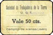 Campillo de Arenas (Jaén). Sociedad de Trabajadores de la Tierra U.G.T. 50 céntimos. (KG. 222a) (RGH. 1481). Cartón. Curioso tampón: COLEGIADO. Rarísi...