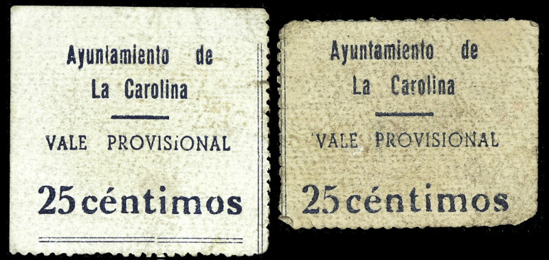 La Carolina (Jaén). Ayuntamiento. 25 céntimos. (KG. 246 var) (RGH. 1665). 2 bill...