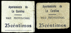 La Carolina (Jaén). Ayuntamiento. 25 céntimos. (KG. 246 var) (RGH. 1665). 2 billetes, 2ª emisión, tamaños distintos. Raros. MBC-/MBC.
