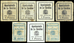 La Carolina (Jaén). Ayuntamiento. 50 céntimos (dos) y 1 peseta (cinco). (KG. 246) (RGH. 1666 y 1667). 7 billetes, dos series completas con variantes. ...