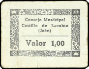 Castillo de Locubín (Jaén). Consejo Municipal. 1 peseta. (KG. falta) (RGH. 1820). Cartón. 4ª emisión. Raro. MBC-.