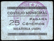 Escañuela (Jaén). Consejo Municipal. 25 céntimos. (KG. 329) (RGH. 2312 sin imagen). Cartón, sin rúbrica en reverso. Extraordinariamente raro y más así...