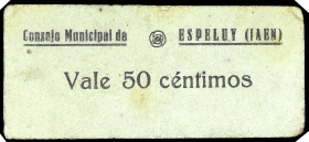 Espeluy (Jaén). Consejo Municipal. 50 céntimos. (KG. 334) (RGH. 2336 var). Cartón con la firma manuscrita en tinta azul y sin tampón en reverso. 2ª em...