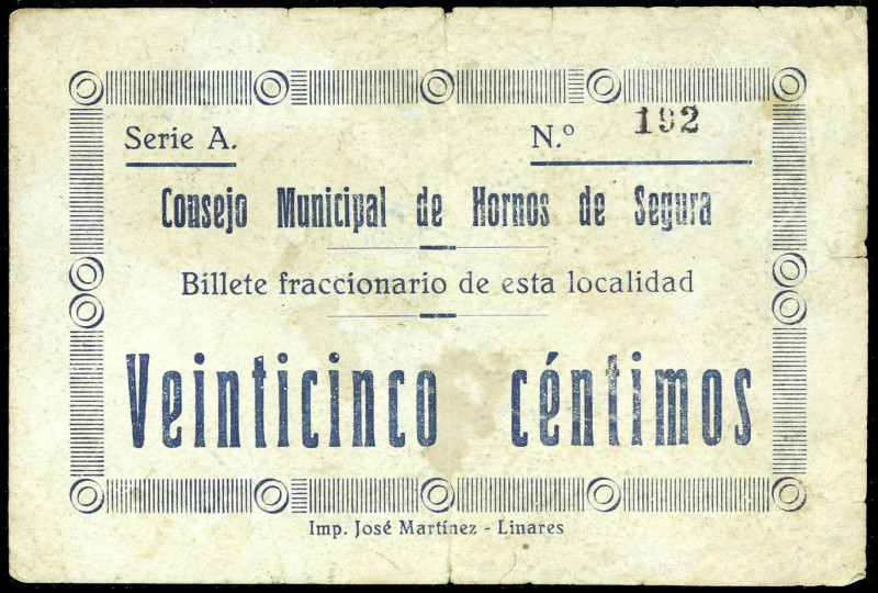 Hornos de Segura (Jaén). Consejo Municipal. 25 céntimos. (KG. A411) (RGH. 2885, ...