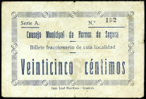 Hornos de Segura (Jaén). Consejo Municipal. 25 céntimos. (KG. A411) (RGH. 2885, sin imagen). Nº 192. Tampón del Ayuntamiento. Muy raro. BC+.