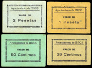 Ibros (Jaén). Ayuntamiento. 25, 50 céntimos, 1 y 2 pesetas. (KG. 417) (RGH. 2930 a 2933). 4 cartones, todos los de la localidad. Muy raros. MBC-/MBC+....