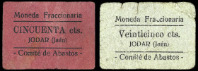 Jódar (Jaén). Comité de Abastos. Moneda Fraccionaria. 25 y 50 céntimos. (KG. 433) (RGH. 3060 y 3061). 2 cartones. Muy raros. BC/MBC-.