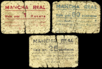 Mancha Real (Jaén). 25, 50 céntimos y 1 peseta. (KG. 474a) (RGH. 3358a, 3359 var y 3360). 3 cartones, serie completa. 2ª emisión. Conjunto muy raro. B...