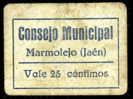 Marmolejo (Jaén). Consejo Municipal. 25 céntimos. (KG. 480 falta valor) (RGH. 3390). Cartón. Raro. BC+.