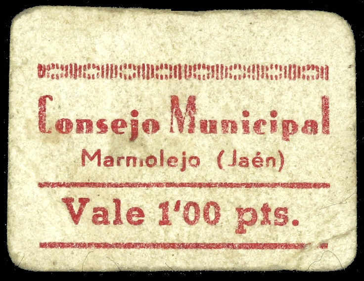 Marmolejo (Jaén). Consejo Municipal. 1 peseta. (KG. 480) (RGH. 3395). Cartón. Mu...