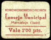 Marmolejo (Jaén). Consejo Municipal. 1 peseta. (KG. 480) (RGH. 3395). Cartón. Muy raro. MBC-.