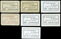 Martos (Jaén). Ayuntamiento. 10 (dos), 25, 50 (dos), 75 céntimos y 1 peseta. (KG. 481) (RGH. 3396 y 3398 a 3403). 7 cartones, una serie completa. Raro...