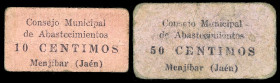 Menjíbar (Jaén). Consejo Municipal de Abastecimientos. 10 y 50 céntimos. (KG. 488) (RGH. 3487 y 3489). 2 cartones. Rarísimos. BC/MBC-.