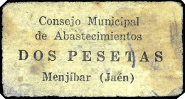 Menjíbar (Jaén). Consejo Municipal de Abastecimientos. 2 pesetas. (KG. 488) (RGH. 3491, sin imagen). Cartón. Raro. BC+.