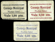 Noalejo (Jaén). Consejo Municipal. 5, 50 céntimos y 1 peseta. (KG. 535) (RGH. 3837, 3839 y 3840). 3 cartones. 1ª emisión. Raros. BC/MBC-.