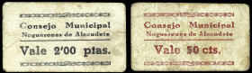 Noguerones de Alcaudete (Jaén). Consejo Municipal. 50 céntimos y 2 pesetas. (KG. 537) (RGH. 3858 y 3860, ambos sin imagen). 2 cartones. Raros. BC+/MBC...