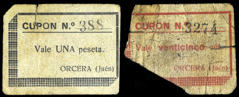 Orcera (Jaén). 25 céntimos y 1 peseta. (KG. A554) (RGH. 3964 y 3965). 2 cartones...