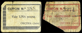 Orcera (Jaén). 25 céntimos y 1 peseta. (KG. A554) (RGH. 3964 y 3965). 2 cartones, uno roto por dos lados. El de peseta "cupón" nº 388. Muy raros. RC/B...