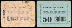 Peal de Becerro (Jaén). Comercio Local. 50 céntimos y 1 peseta. (KG. 566) (RGH. 4068 y 4069 var). 2 cartones, el de 1 peseta numerado en anverso. Muy ...
