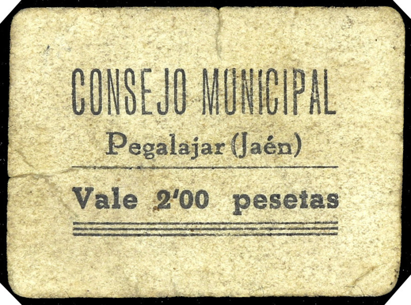 Pegalajar (Jaén). Consejo Municipal. 2 pesetas. (KG. falta) (RGH. 4119). Cartón ...