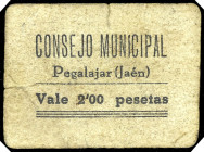 Pegalajar (Jaén). Consejo Municipal. 2 pesetas. (KG. falta) (RGH. 4119). Cartón sin tampón en reverso. Rarísimo. BC.